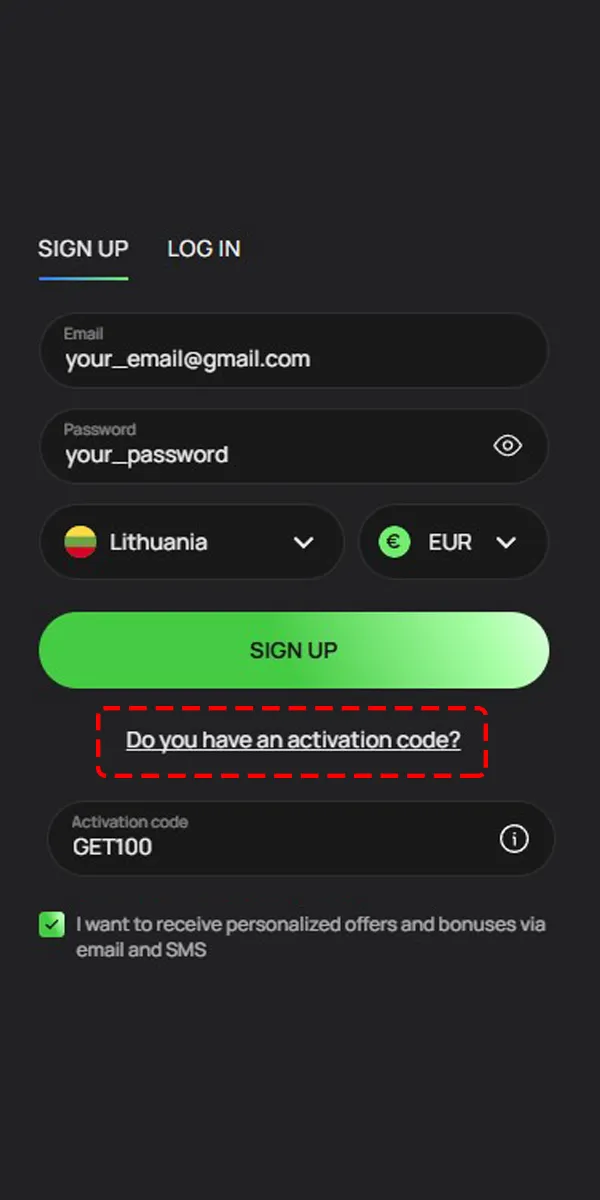 Įveskite promo kodą registracijos metu